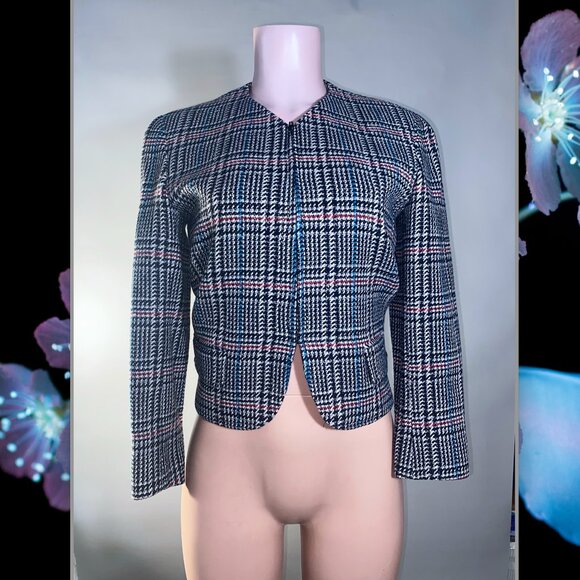 Vintage 80s French Design Cropped Tweed Blazer Jacket, ie Carolina Herrera Small - Picture 2 of 4